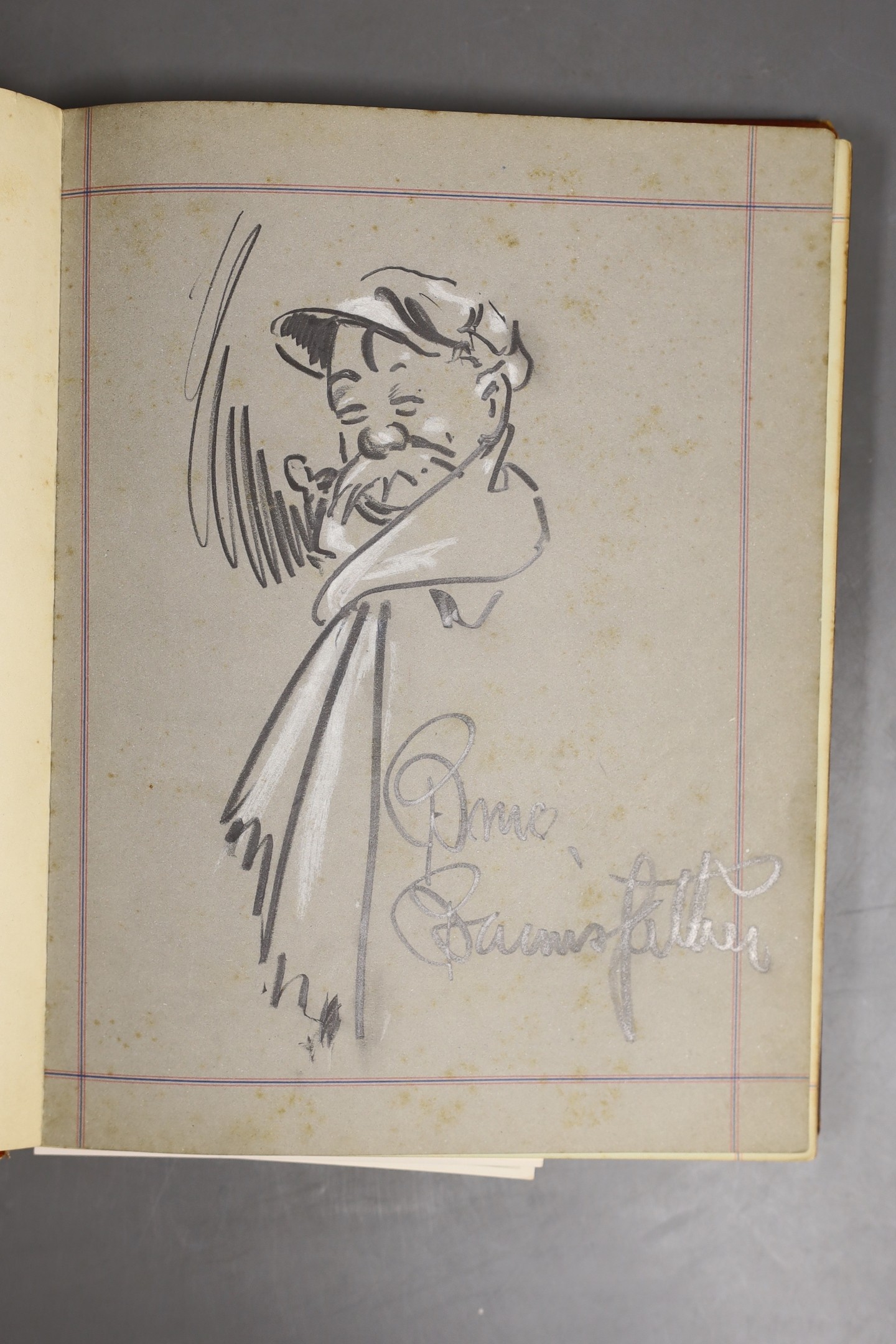 A 1920-1940s autograph album including a Bruce Bairnsfather signed Old Bill sketch, signatures of General Omar N. Bradley and some of his staff officers from the US army, mounted Adolf Hitler and Hermann Göring letters w